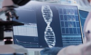 tela de computador com análise de DNA estudo genético banco de imagem reprodução humana